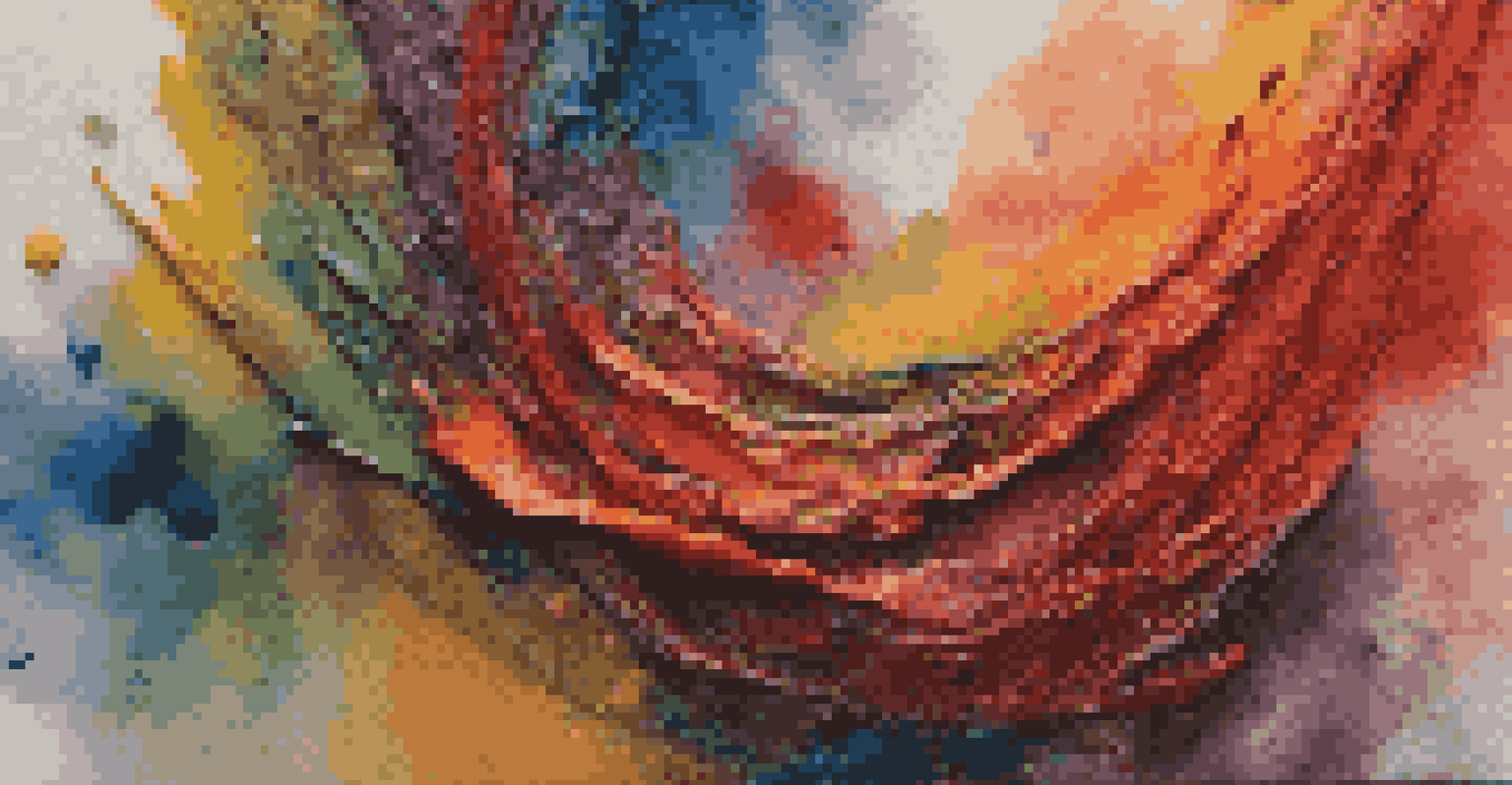 A close-up of a vibrant, textured painting featuring bold colors and expressive brushstrokes, emphasizing the artist's unique style.