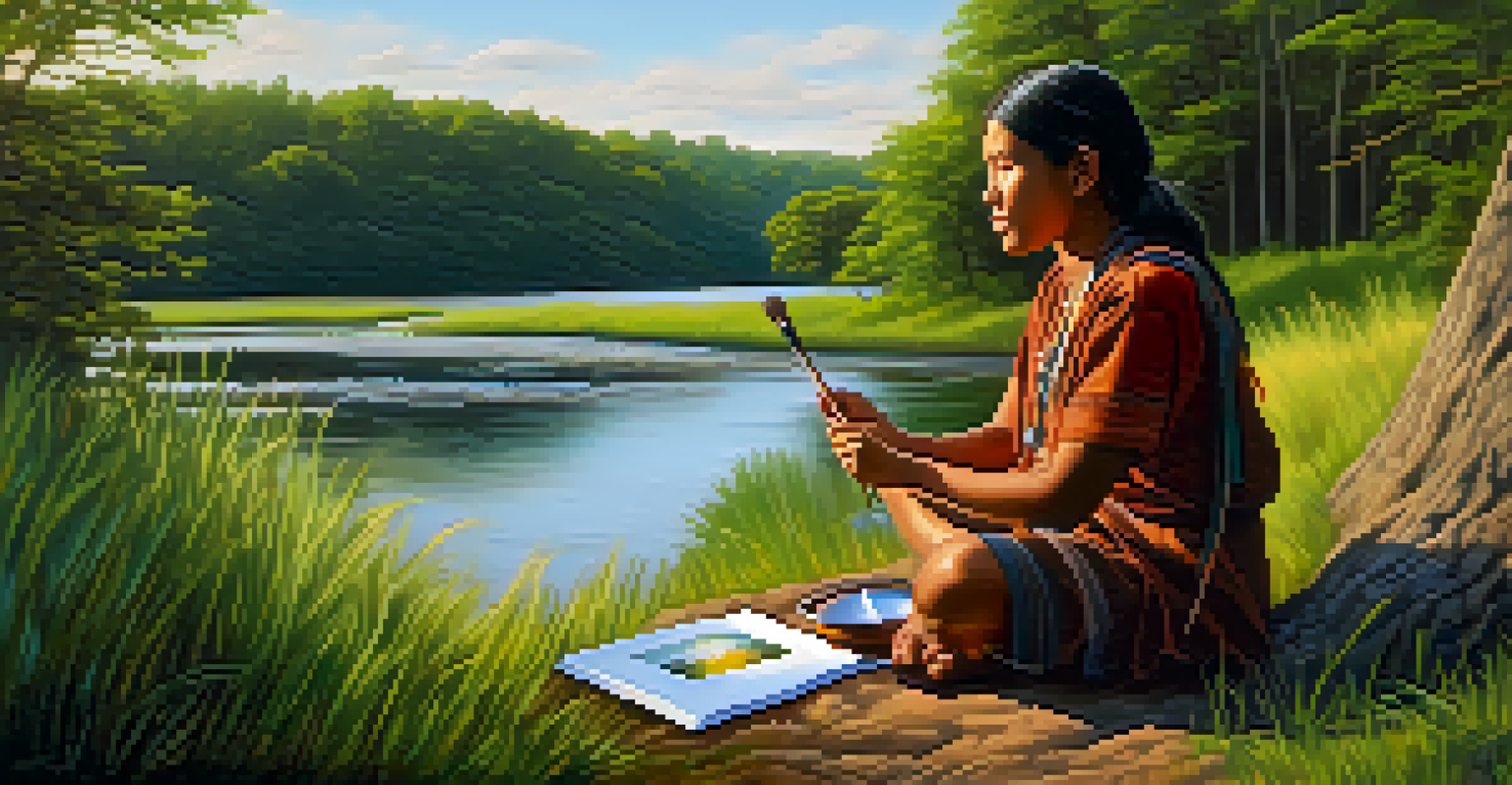 An Indigenous artist painting in a natural landscape, surrounded by trees and a river, with vibrant colors reflecting the environment.