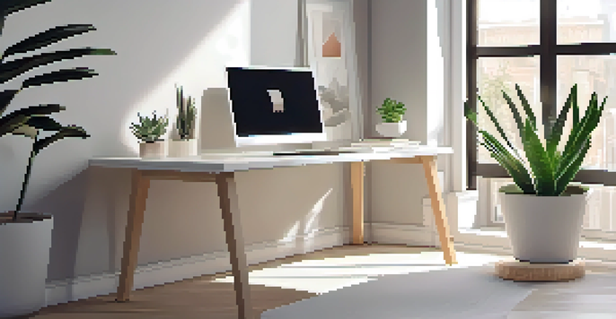 A clean and organized minimalist workspace with a white desk, a potted succulent, and a modern laptop, illuminated by soft sunlight from a large window.