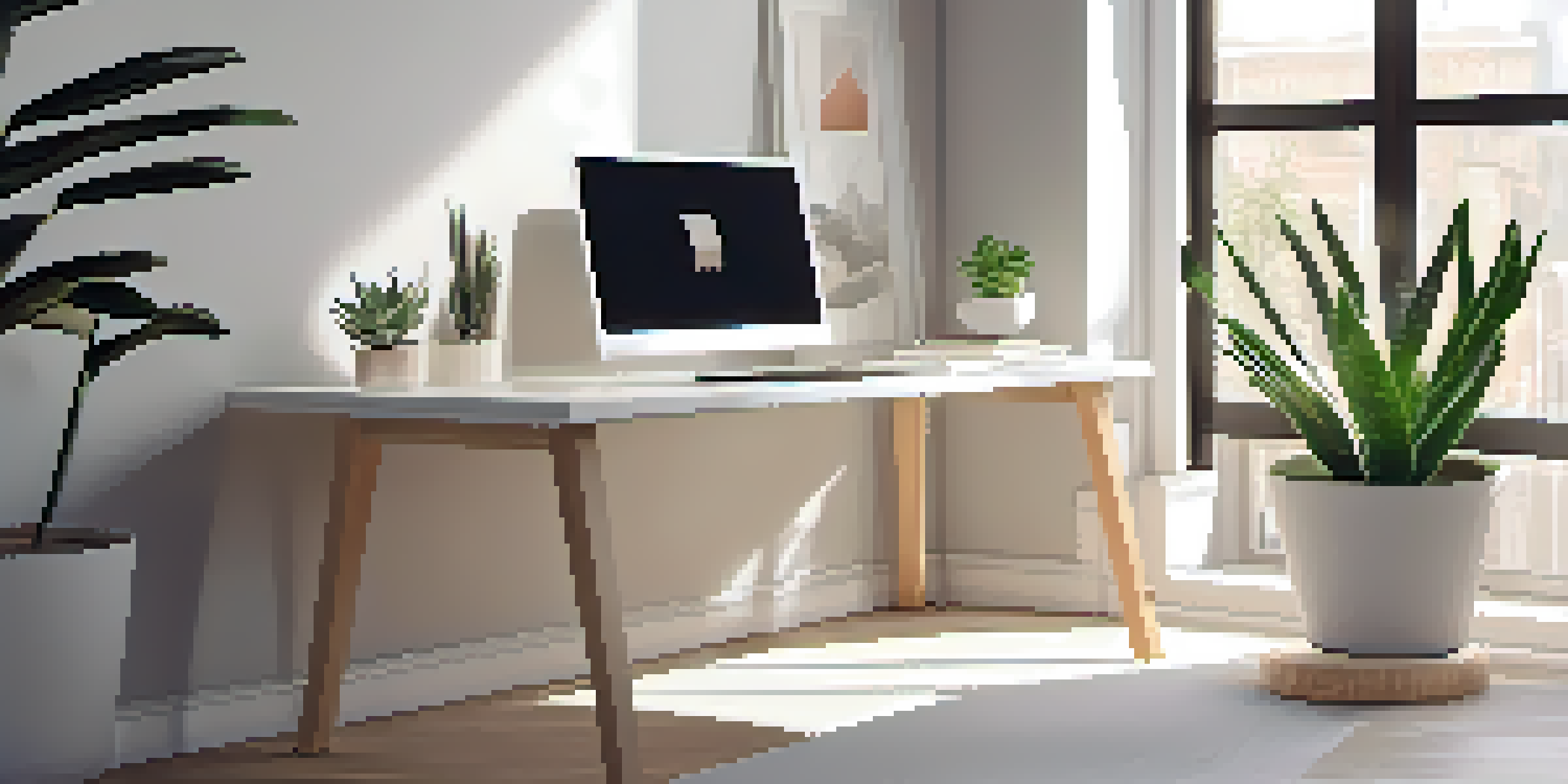 A clean and organized minimalist workspace with a white desk, a potted succulent, and a modern laptop, illuminated by soft sunlight from a large window.