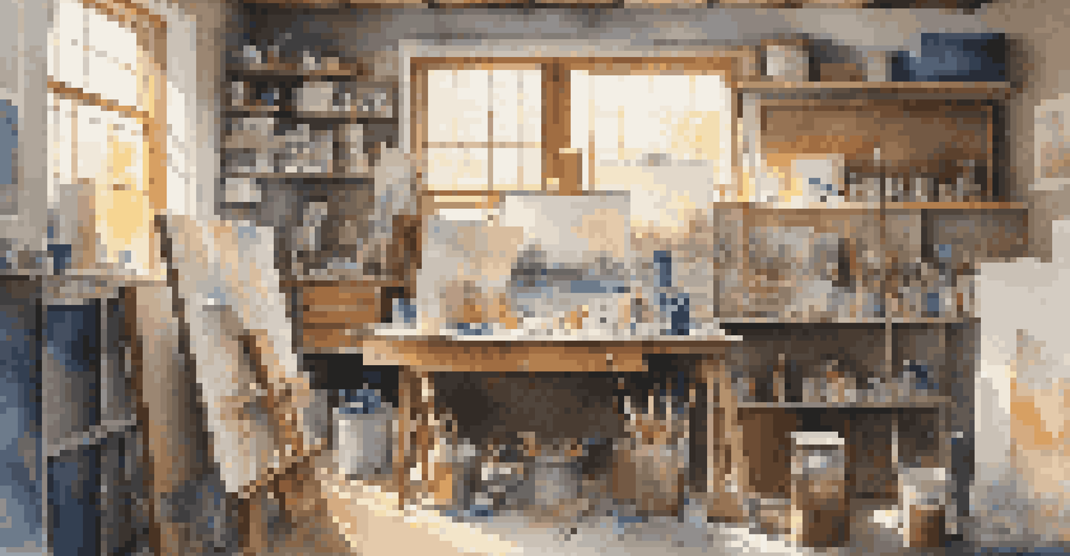 An artist's studio in a garage, showcasing canvases and paint supplies with natural light.