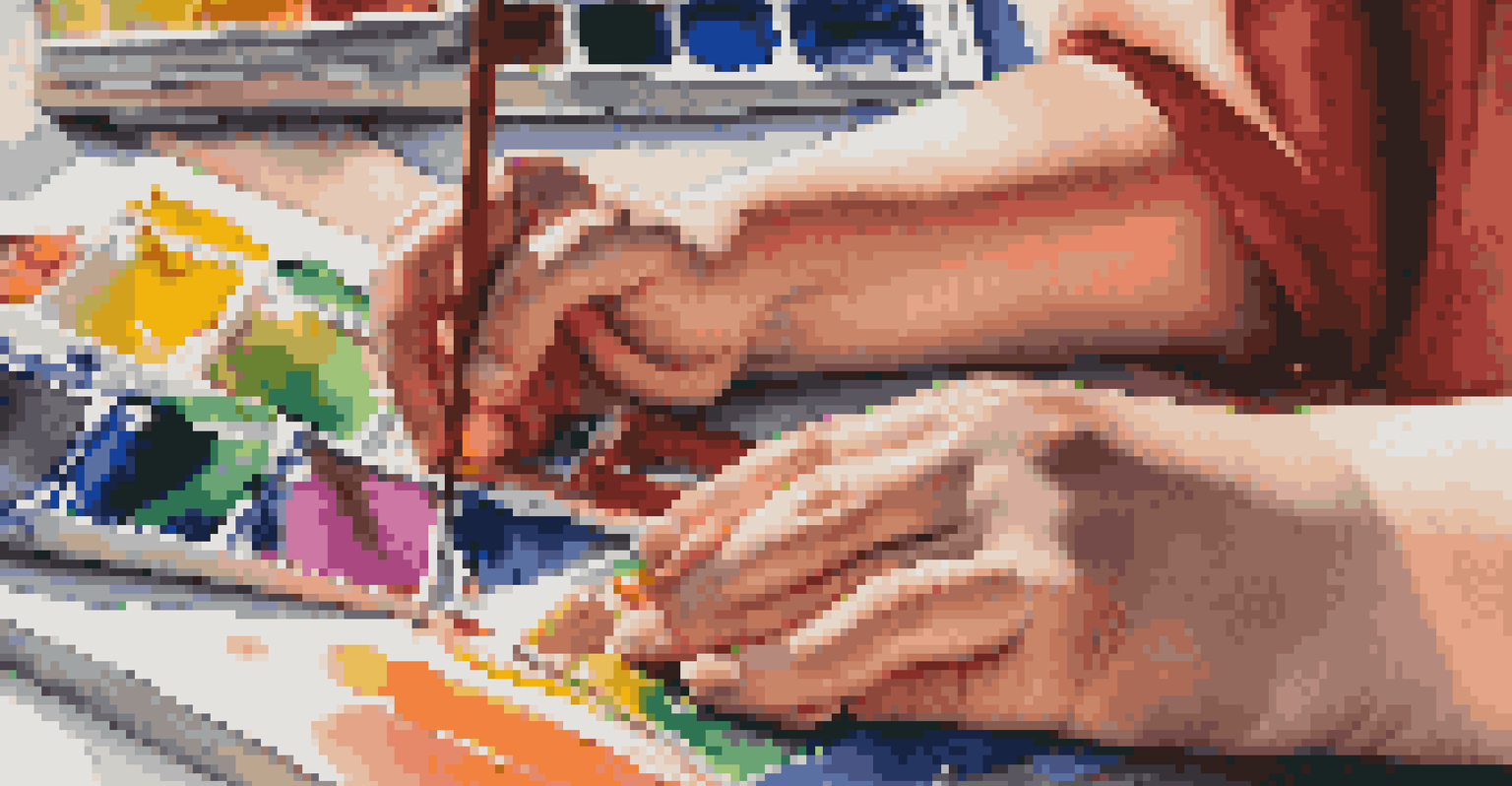 A close-up of a special needs student painting with a paintbrush, showcasing their focused expression and colorful palette.