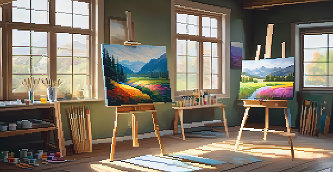 A bright and cozy art studio with a wooden easel, colorful paints, and a landscape painting in progress, illuminated by soft sunlight.