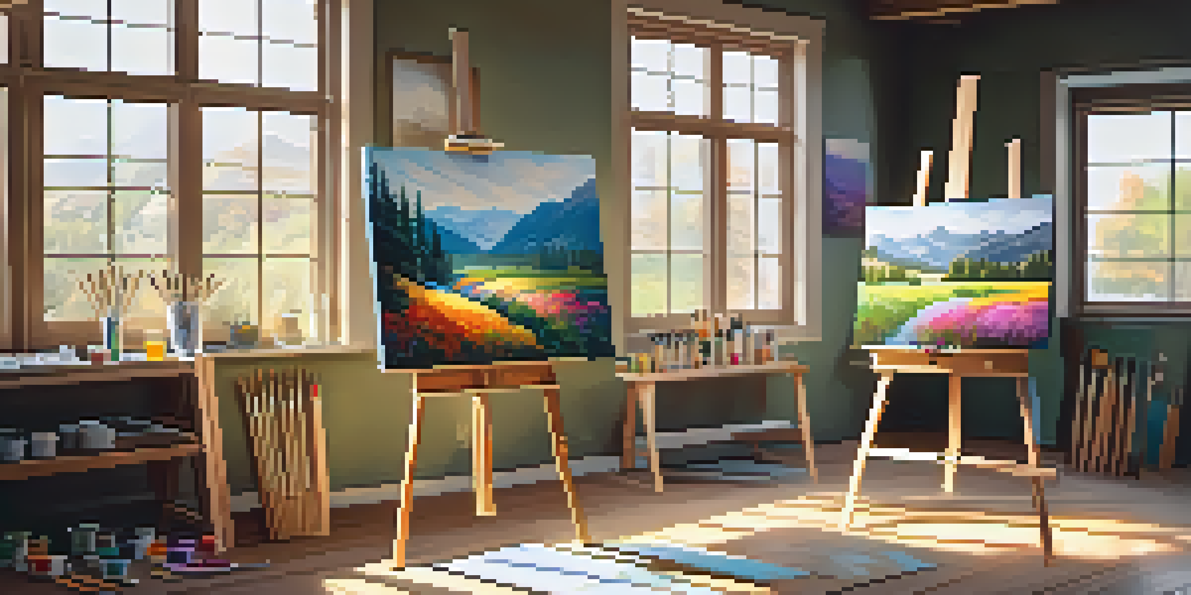 A bright and cozy art studio with a wooden easel, colorful paints, and a landscape painting in progress, illuminated by soft sunlight.