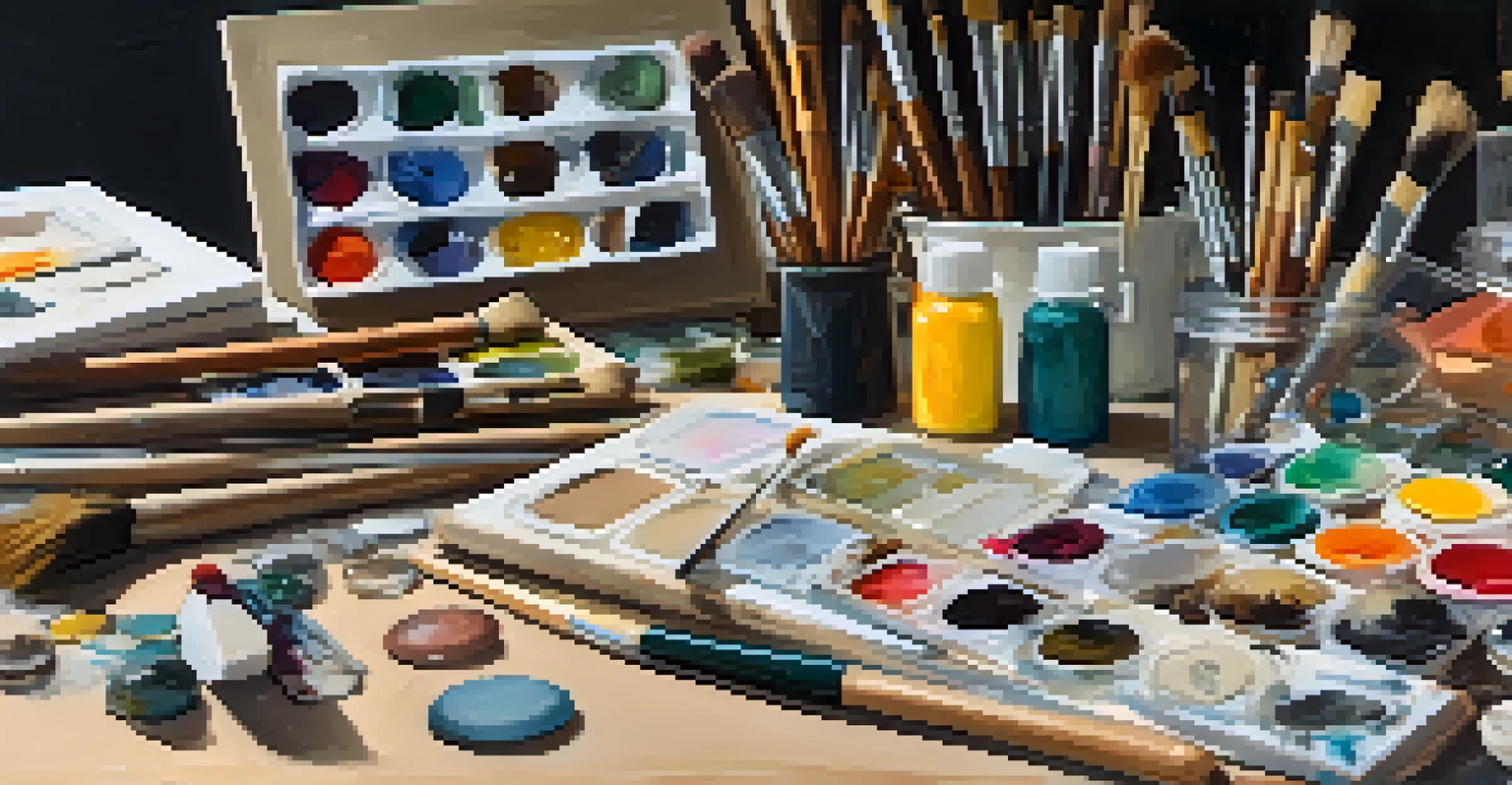 An artist's workspace with brushes, paints, and a partially completed mixed media artwork featuring various textures and found objects.