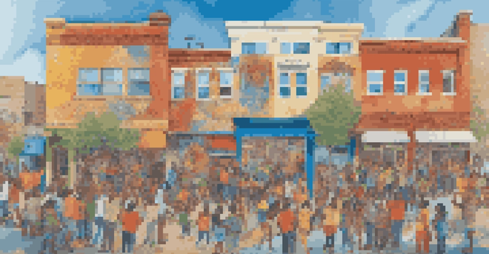 A colorful community mural being painted by residents, showcasing diverse cultural symbols and stories under a clear blue sky.