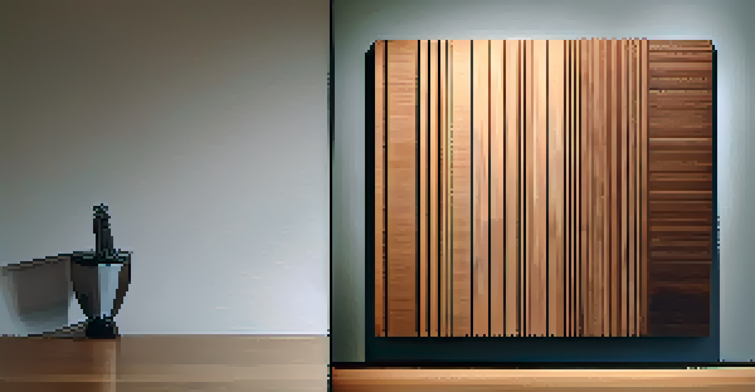 An abstract minimalist scene featuring a rough wooden panel and a smooth dark metal sculpture.