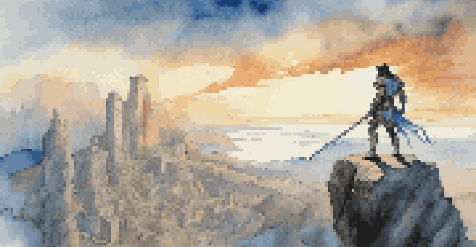 A modern mythological hero standing on a cliff, dressed in contemporary armor, holding a glowing sword, with a sunset cityscape in the background.