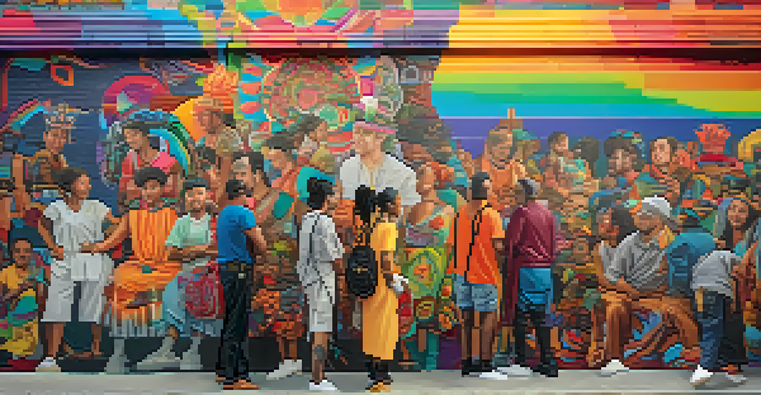 Artists working together on a large mural, incorporating a mix of traditional and digital art styles, set in an urban environment.