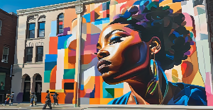 A Black artist painting a colorful mural depicting diverse identities on a city wall, with sunlight casting shadows.