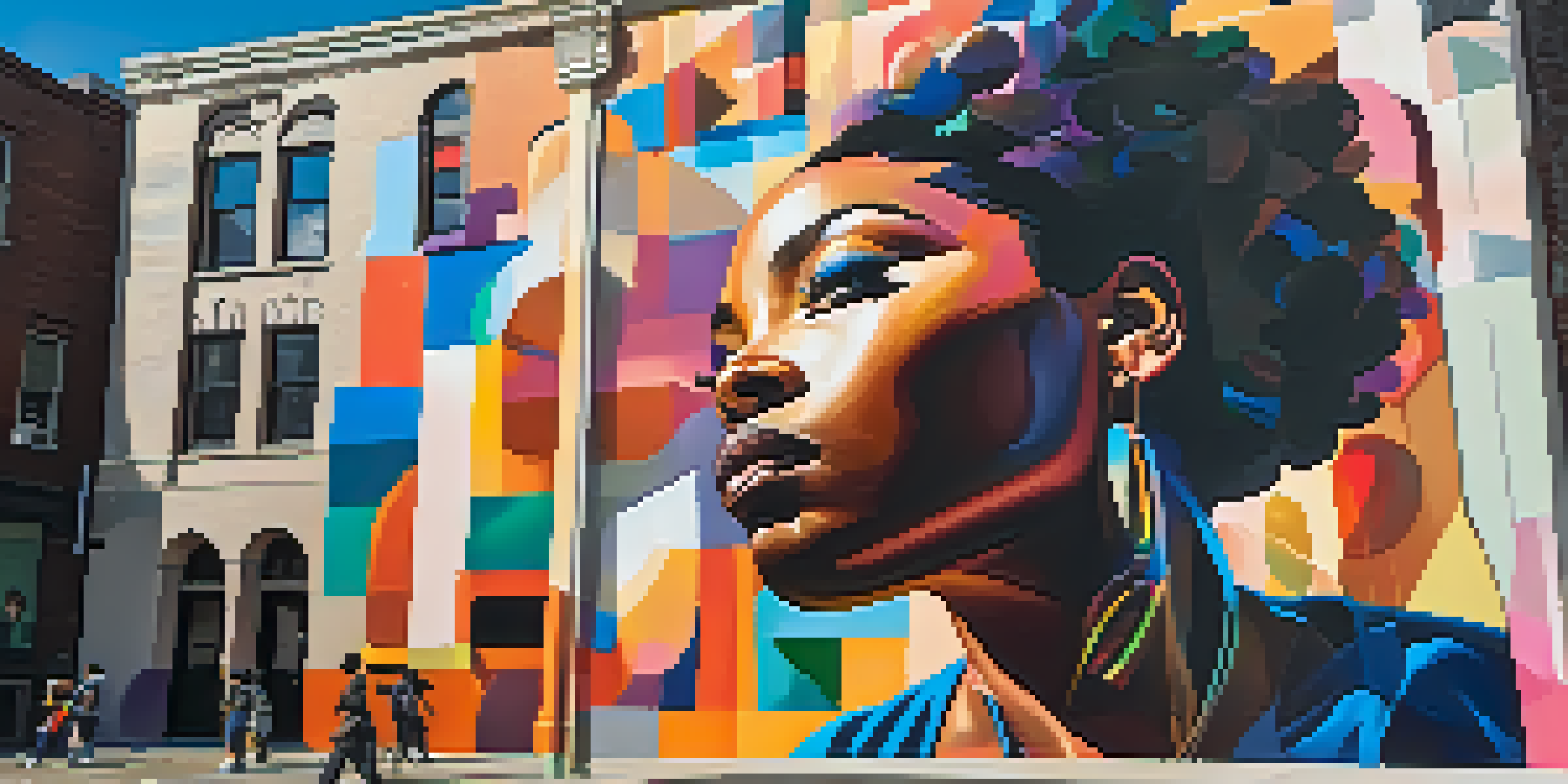 A Black artist painting a colorful mural depicting diverse identities on a city wall, with sunlight casting shadows.