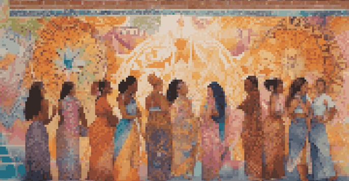 A group of diverse female artists collaborating on a mural, with cultural symbols and patterns, under warm sunlight.
