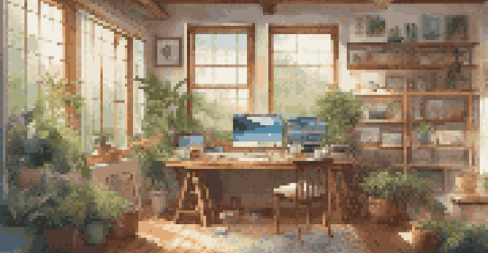 A warm and inviting digital art studio filled with art tools and vibrant artworks, with large windows showing greenery outside.