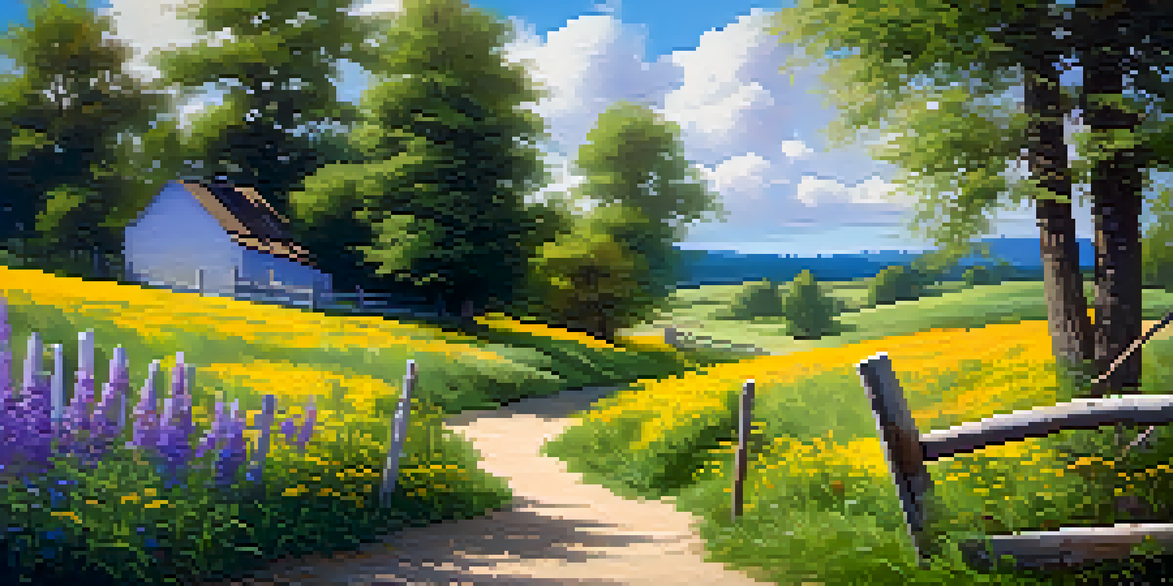 A colorful summer meadow with wildflowers and a winding path leading to a wooden fence, under a bright blue sky.