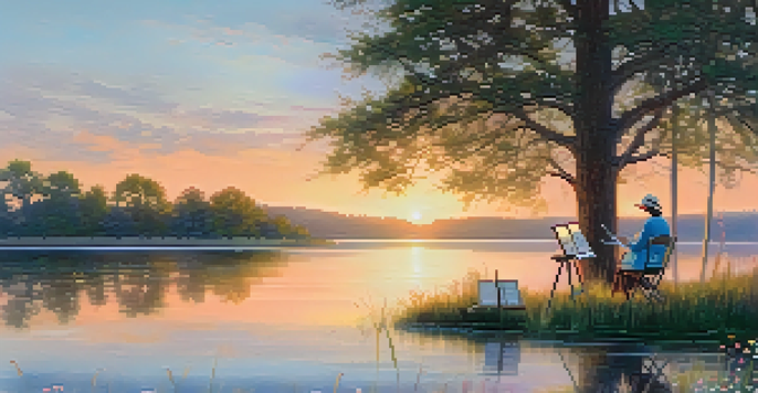 A middle-aged woman painting a vibrant sunset over a calm lake, surrounded by wildflowers.