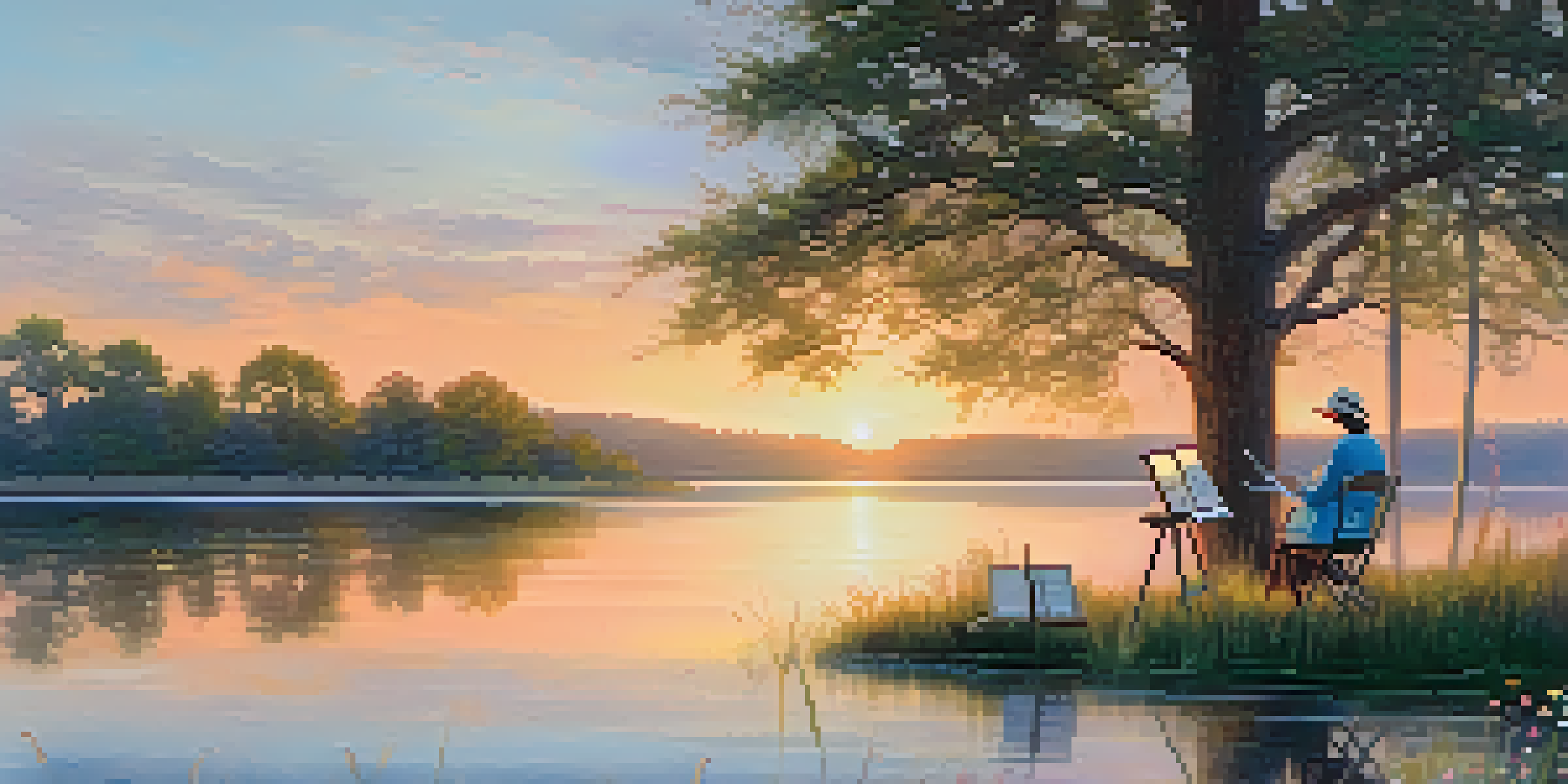 A middle-aged woman painting a vibrant sunset over a calm lake, surrounded by wildflowers.