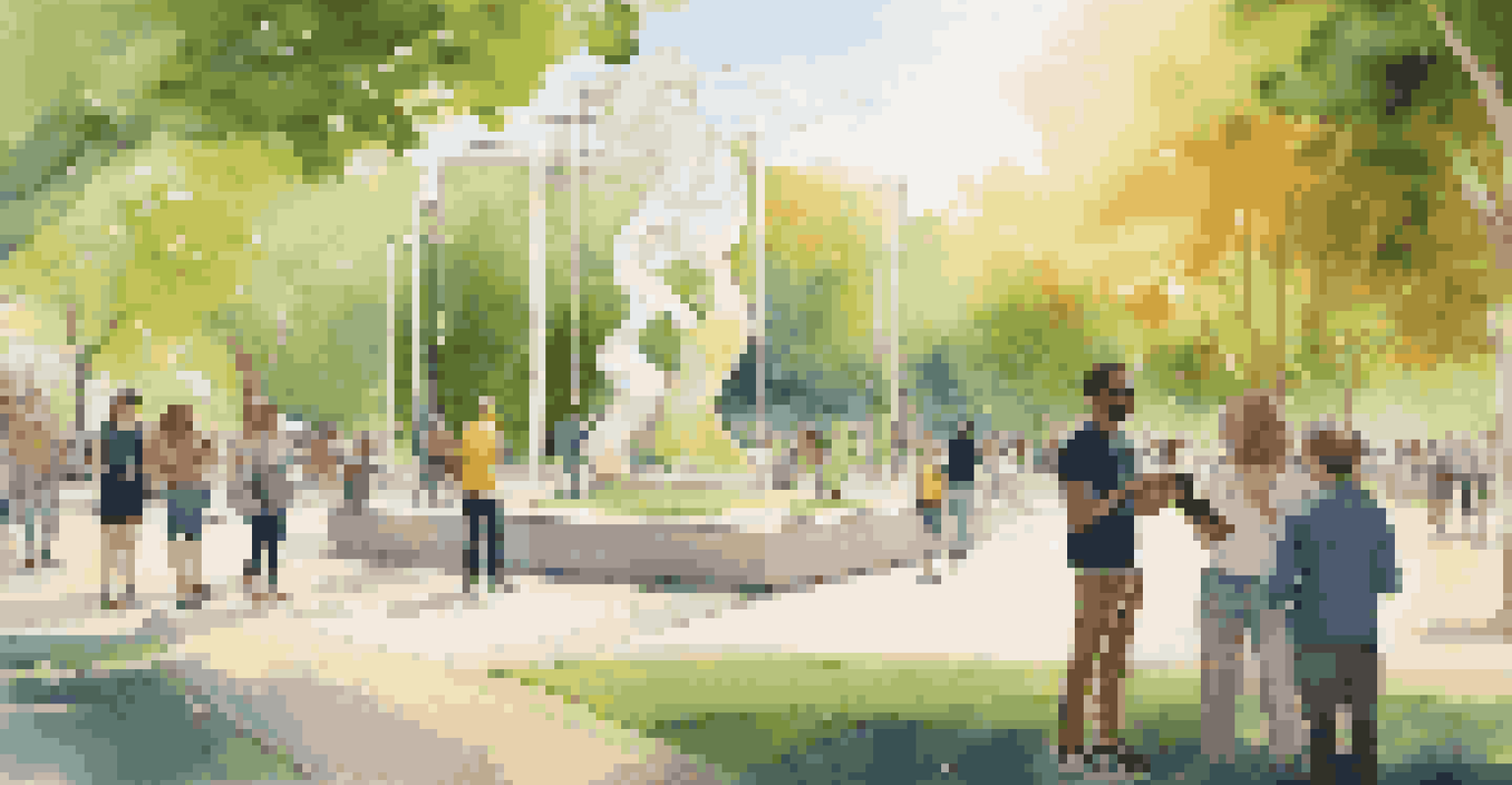 A public park scene featuring visitors engaging with an augmented reality sculpture that displays digital animations, surrounded by lush greenery and warm sunlight.