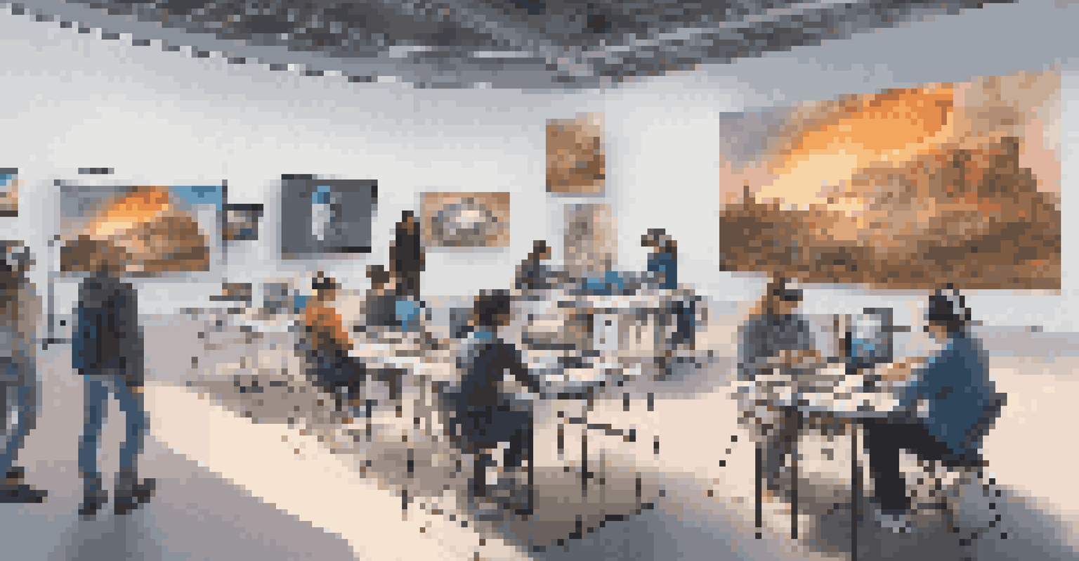 A modern digital art workshop with students using virtual reality headsets to explore 3D models of famous artworks.