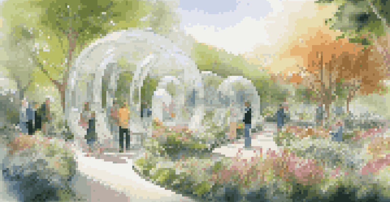 An outdoor art installation with transparent sculptures in a garden setting, surrounded by blooming flowers.
