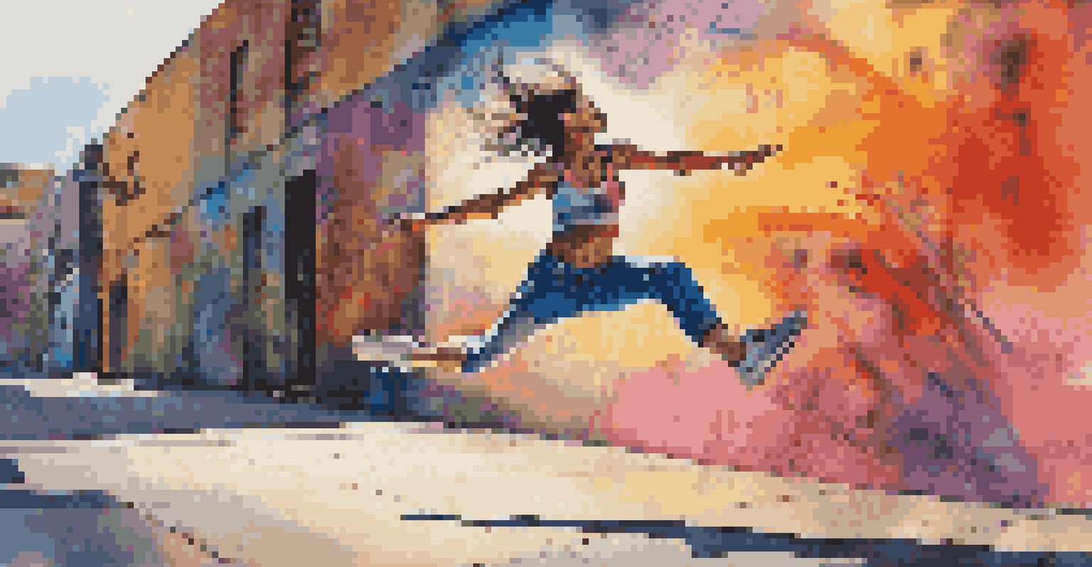 A contemporary dancer leaping joyfully in front of a colorful graffiti wall in an urban environment.