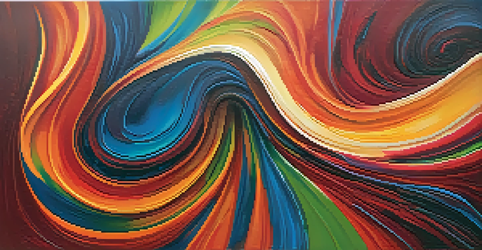 An abstract painting with swirling shapes in bold reds, oranges, blues, and greens, showcasing dynamic movement.