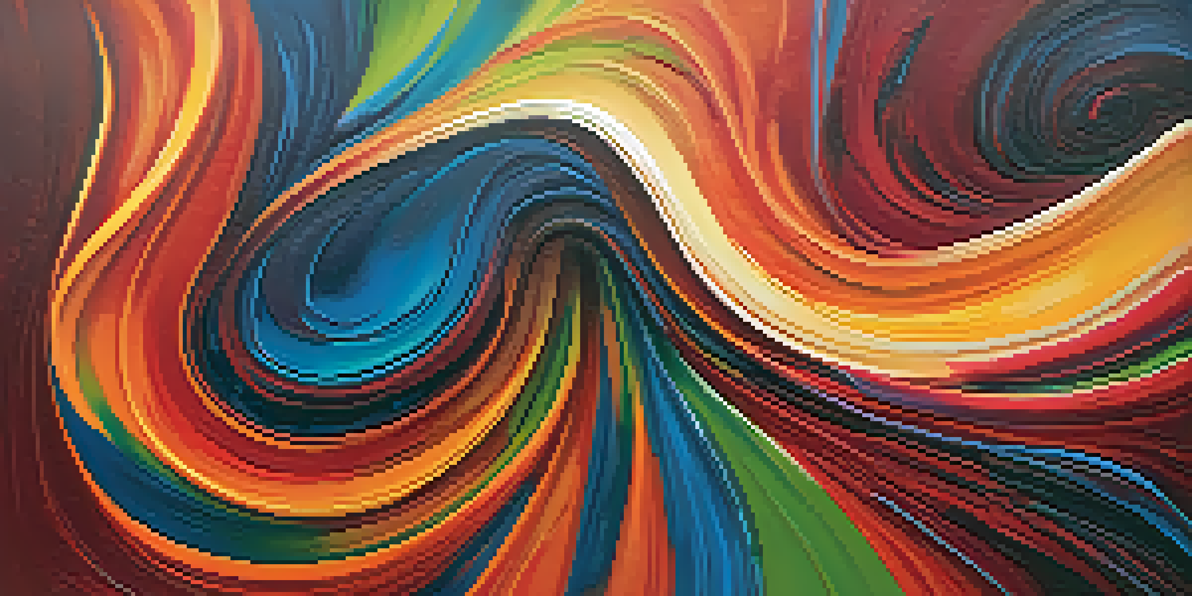 An abstract painting with swirling shapes in bold reds, oranges, blues, and greens, showcasing dynamic movement.