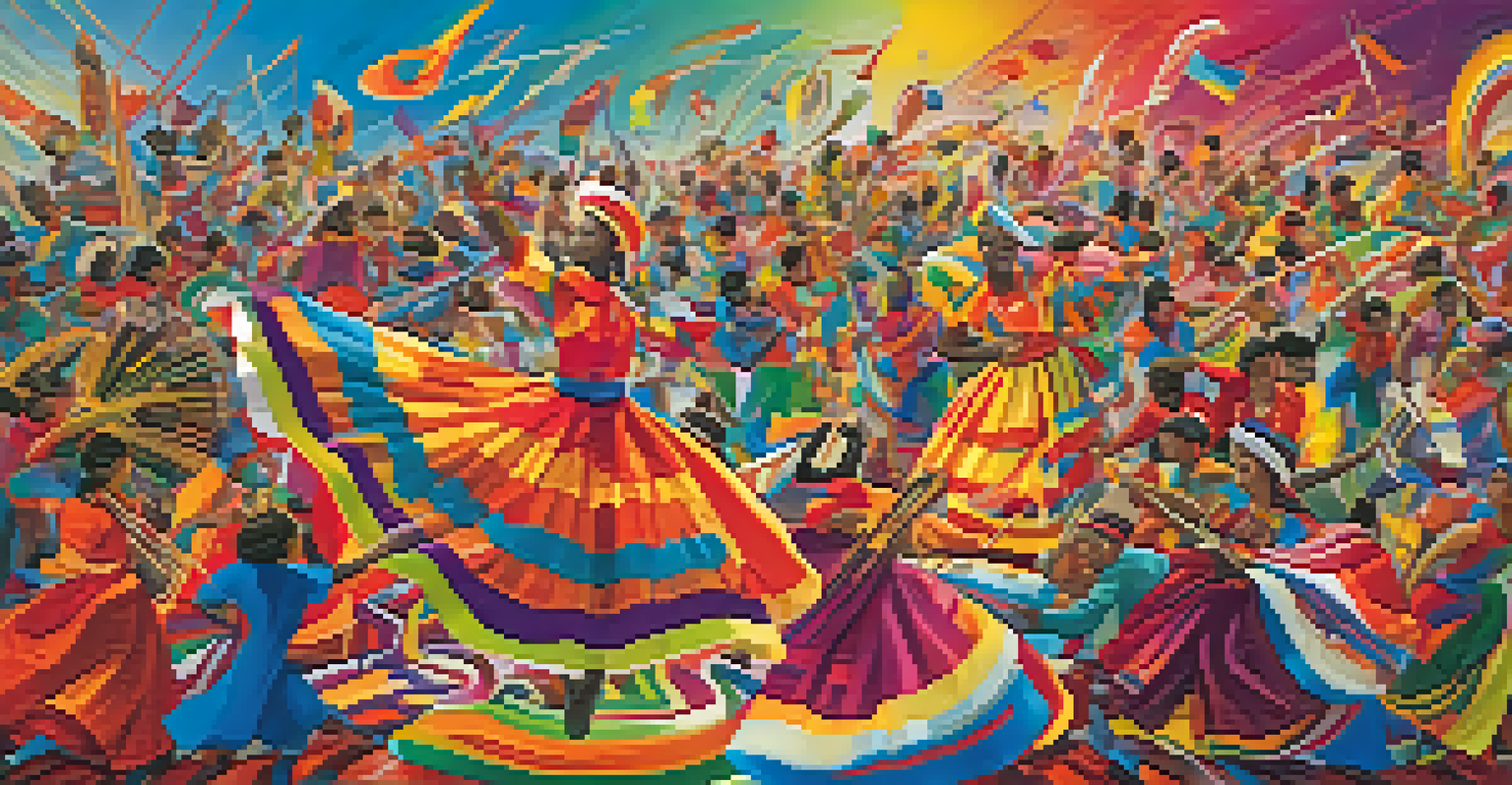 An abstract representation of a cultural festival with colorful figures, instruments, and swirling patterns depicting movement.