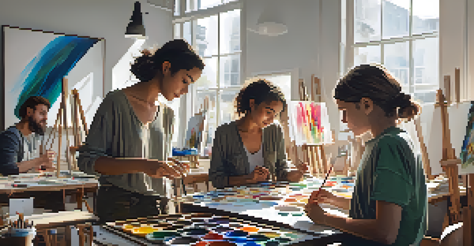 Young artists participating in a workshop, creating art with various colors and supplies in a bright, inviting room.