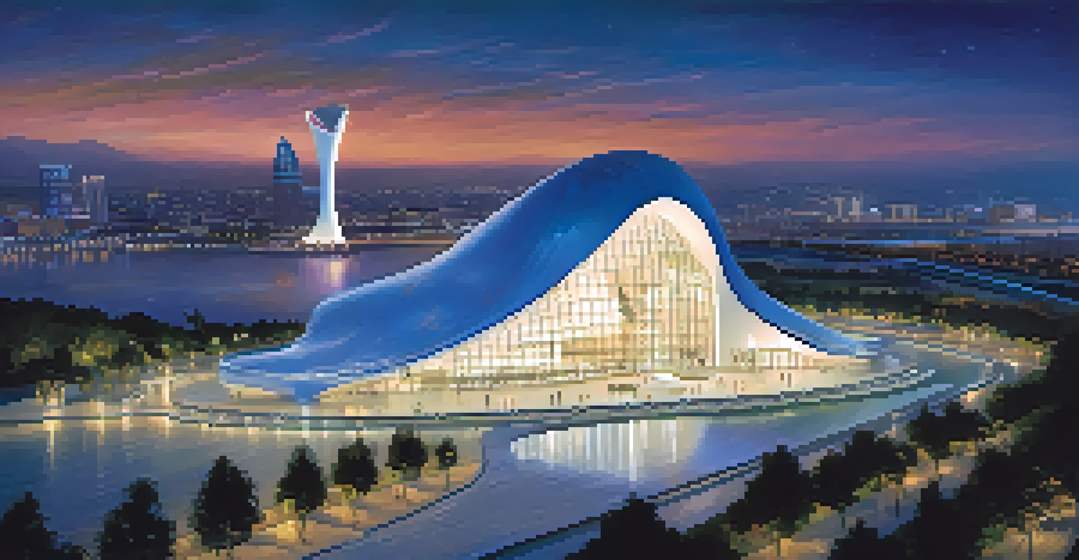 The Heydar Aliyev Center at night, illuminated with colorful lights, surrounded by people and landscaped gardens.