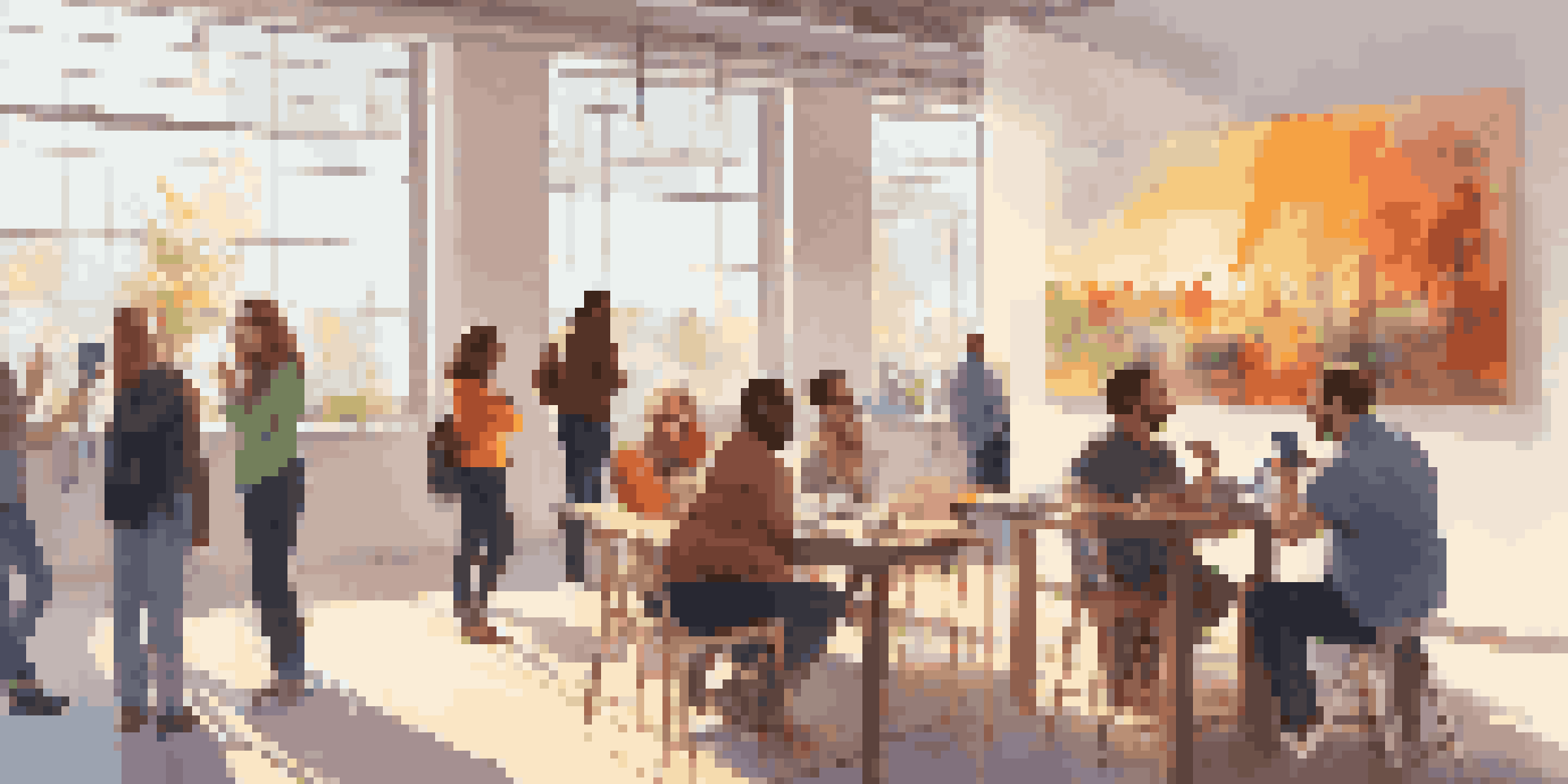 A diverse group of people discussing artwork in a modern gallery, with colorful paintings and warm sunlight.