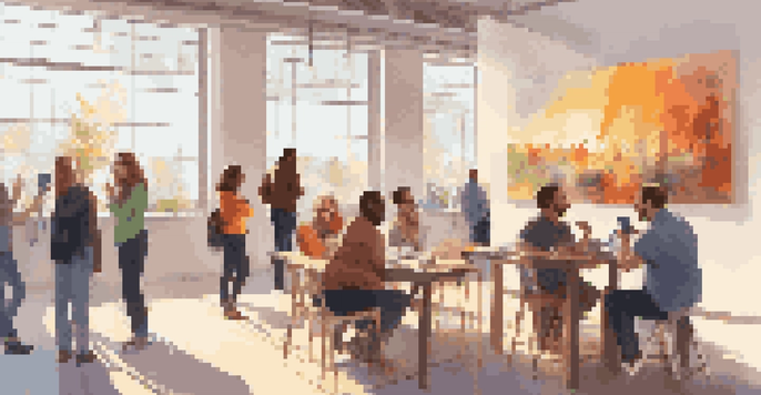 A diverse group of people discussing artwork in a modern gallery, with colorful paintings and warm sunlight.