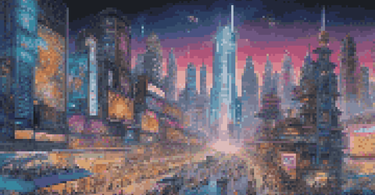 A futuristic cityscape at night, with neon lights, skyscrapers, and flying cars.