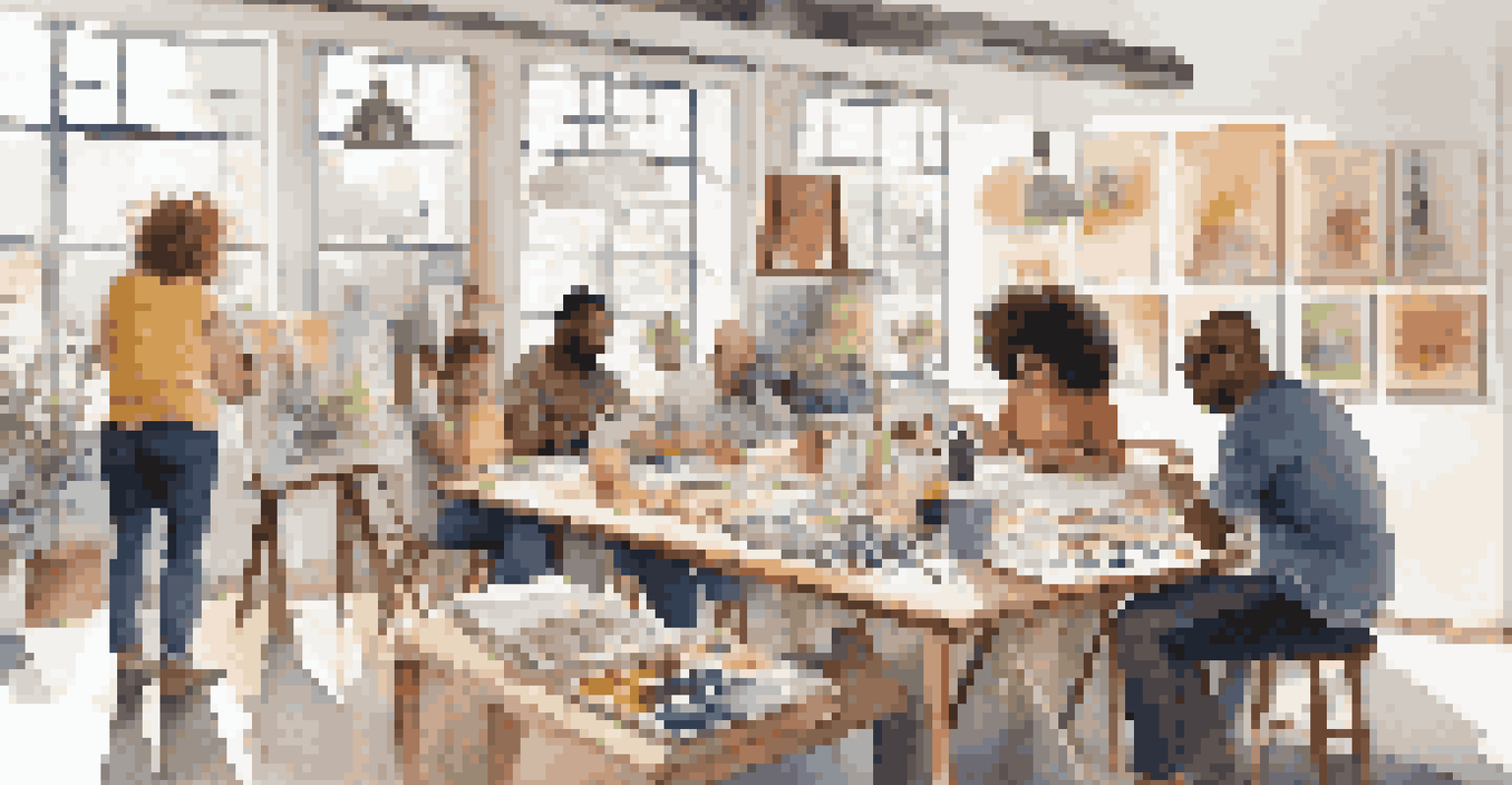 A group of diverse artists collaborating in a bright studio, surrounded by art supplies and sketches, showcasing a lively creative atmosphere.