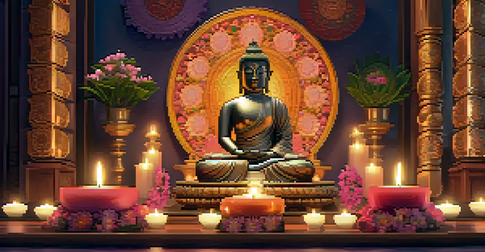 A peaceful Buddhist altar with mandalas, flowers, and candles, creating a serene atmosphere.
