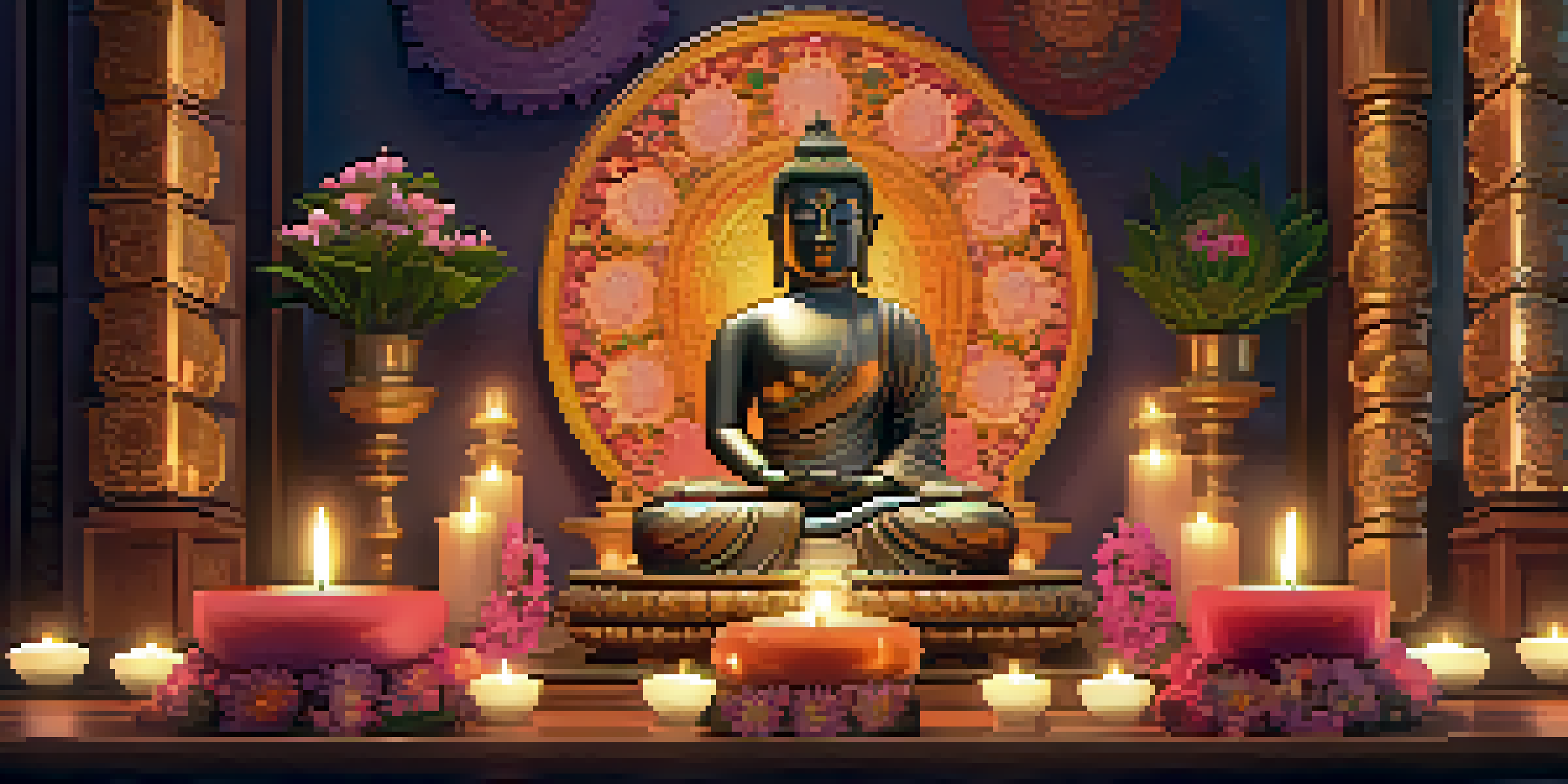 A peaceful Buddhist altar with mandalas, flowers, and candles, creating a serene atmosphere.