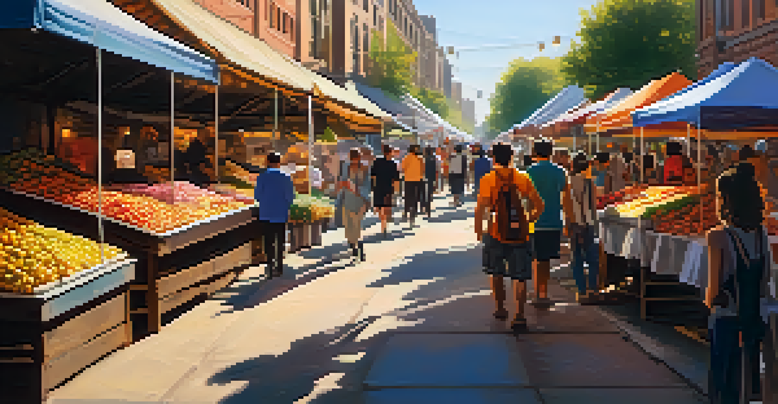 A lively street market featuring colorful art installations and local artists.