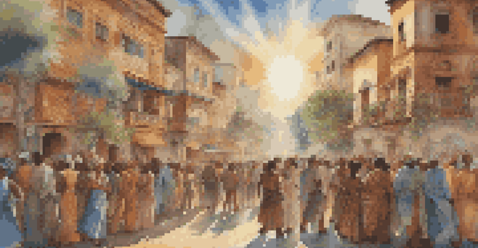 A colorful mural illustrating a historical event with diverse individuals uniting, illuminated by soft sunlight.