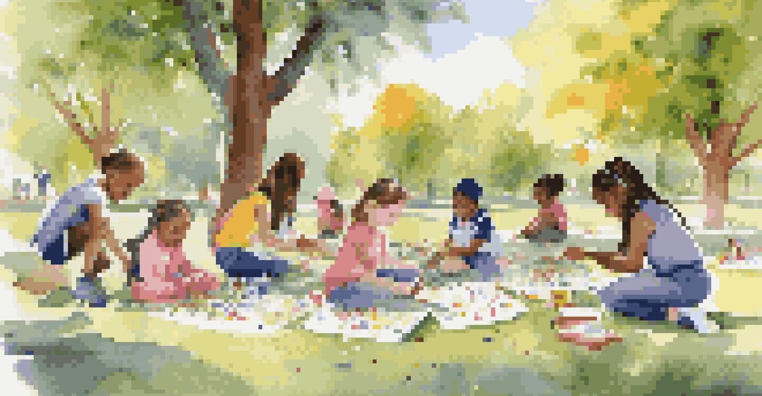 Children from diverse backgrounds taking part in an outdoor arts education program, engaged in creative activities.