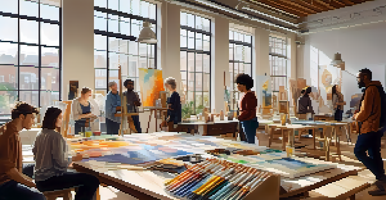 A diverse group of artists working together in a bright studio, discussing ideas and surrounded by art supplies, with sunlight streaming through large windows.