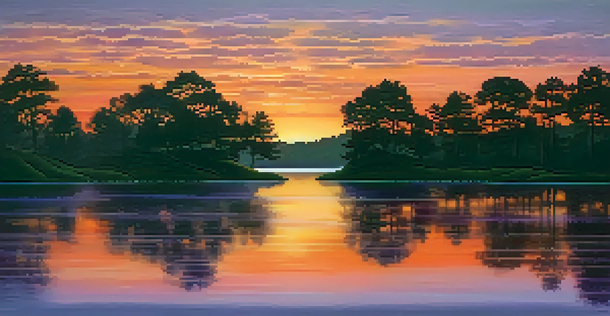 A vibrant sunset over a peaceful lake with silhouetted trees in the foreground.