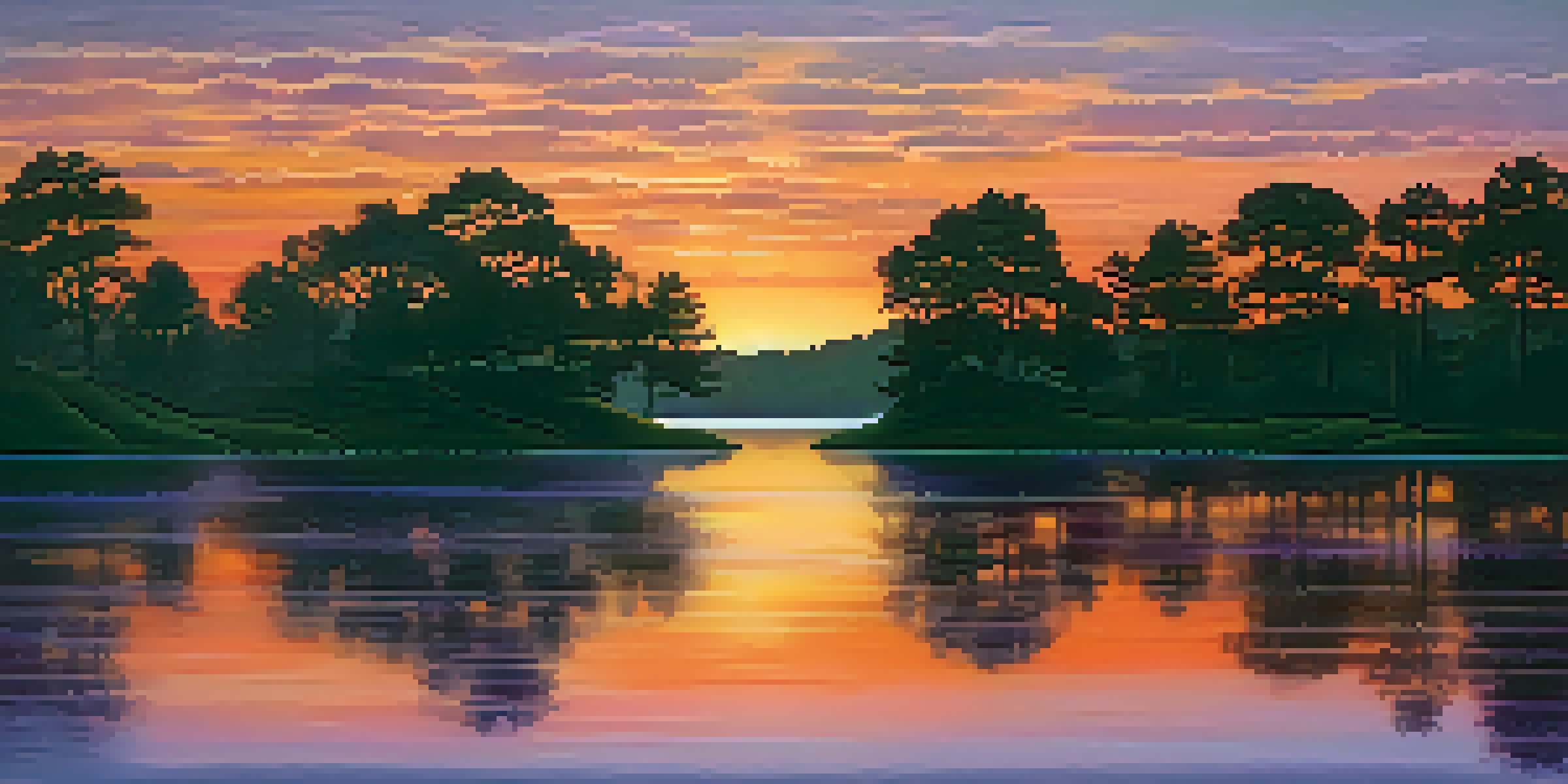 A vibrant sunset over a peaceful lake with silhouetted trees in the foreground.