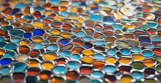 A close-up of a colorful mosaic tile pattern with glass and ceramic pieces reflecting sunlight.