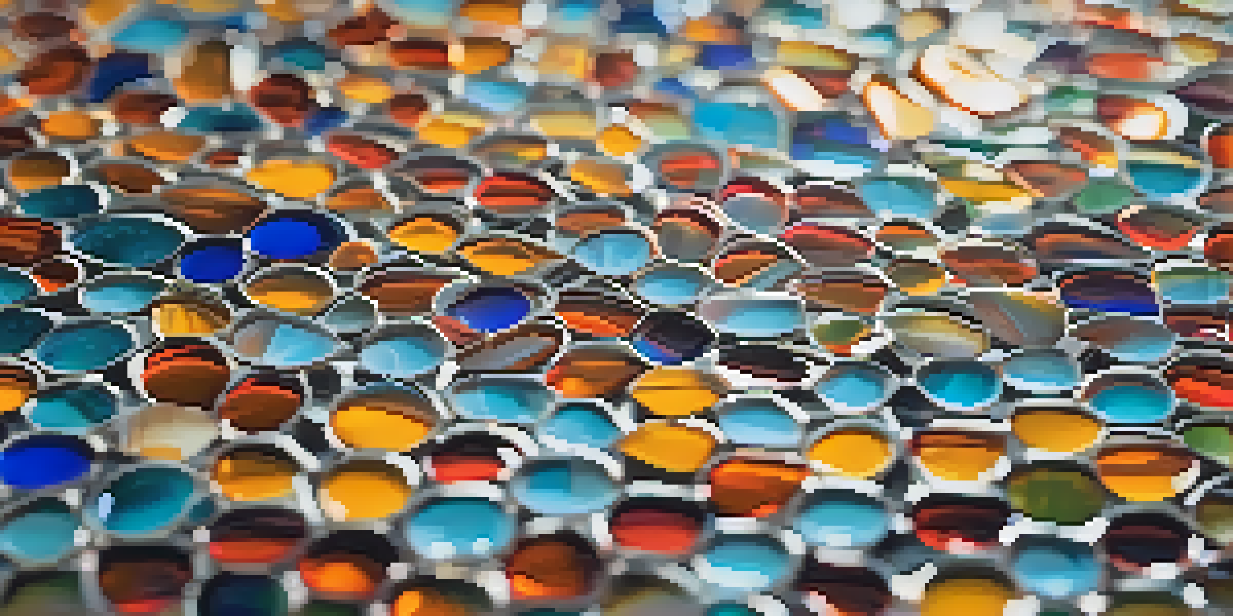 A close-up of a colorful mosaic tile pattern with glass and ceramic pieces reflecting sunlight.