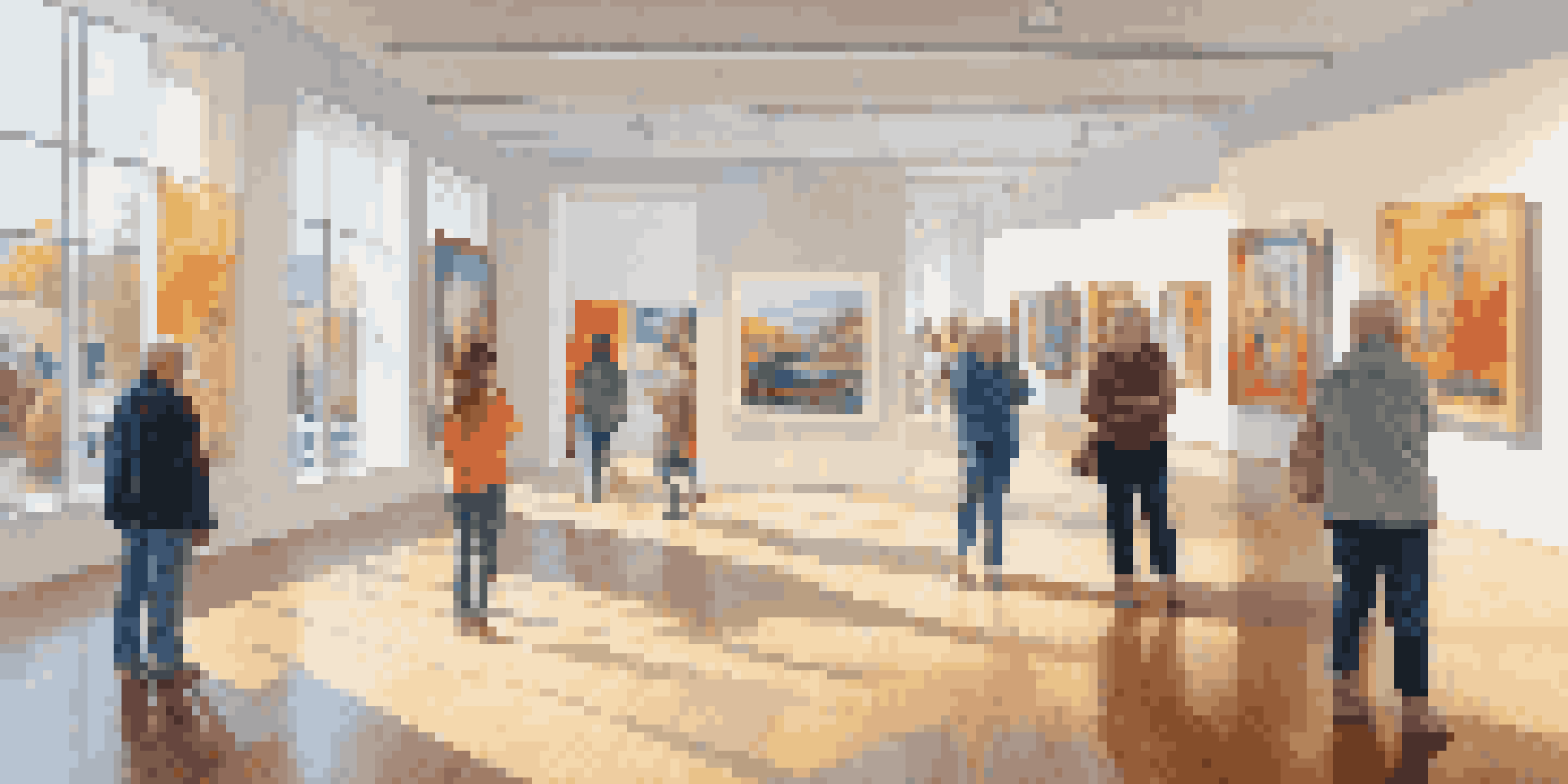 A colorful art gallery filled with contemporary artworks and visitors admiring the pieces.