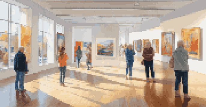 A colorful art gallery filled with contemporary artworks and visitors admiring the pieces.