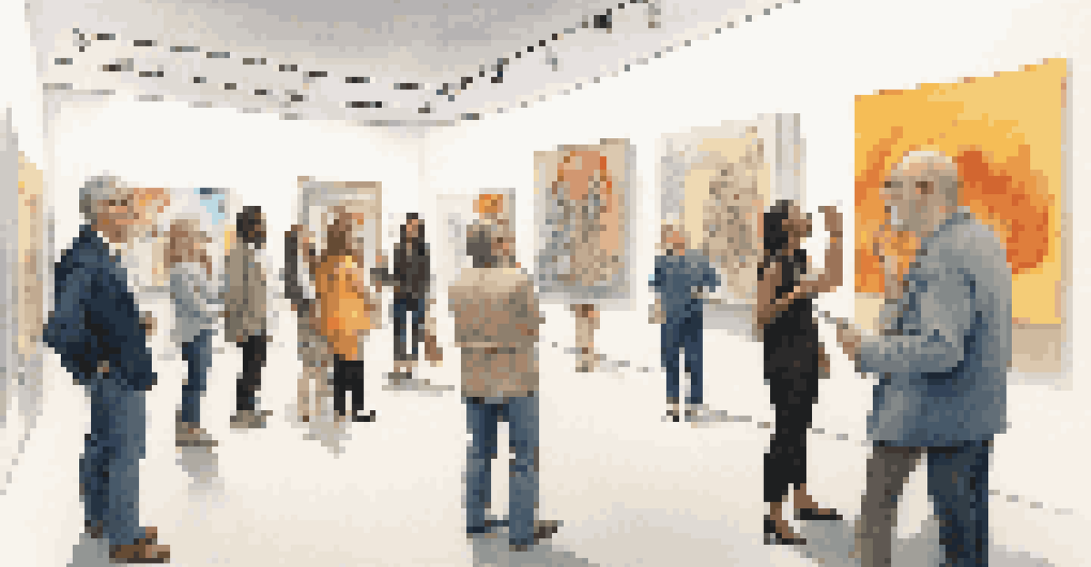 A group of diverse art critics discussing a contemporary installation in a bright gallery, showcasing animated expressions and gestures.
