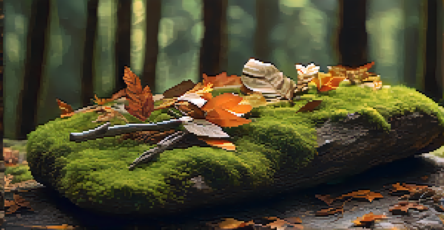 A detailed close-up of eco-art made from twigs and leaves arranged on a mossy rock, illuminated by soft lighting that emphasizes the textures.