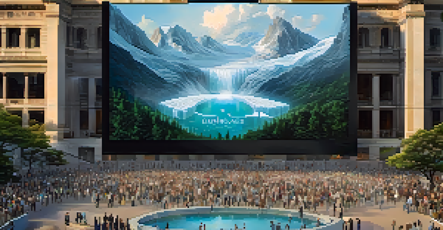 A digital artwork about climate change shown on a public screen, featuring melting glaciers and cityscapes, with people watching intently.