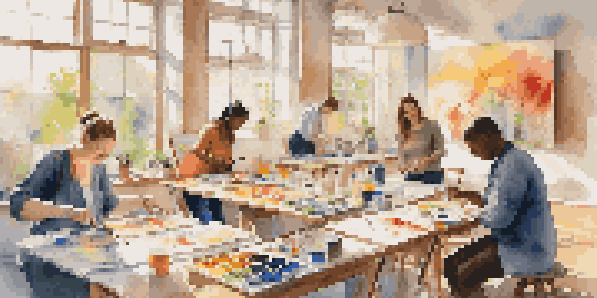 A diverse group of individuals painting in a sunlit art studio, surrounded by colorful art supplies and large windows.