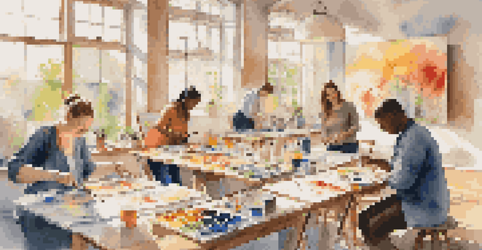A diverse group of individuals painting in a sunlit art studio, surrounded by colorful art supplies and large windows.